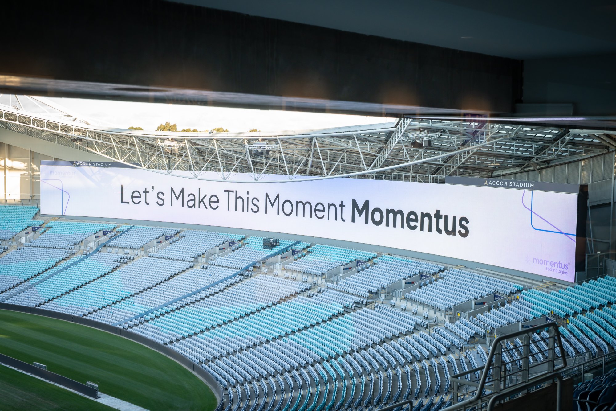 Momentus branding on the main screen at Accor Stadium, Sydney